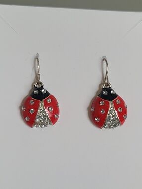 Silver Tone Red Black Enamel Rhinestone Figural Ladybug Drop Dangle Earrings
